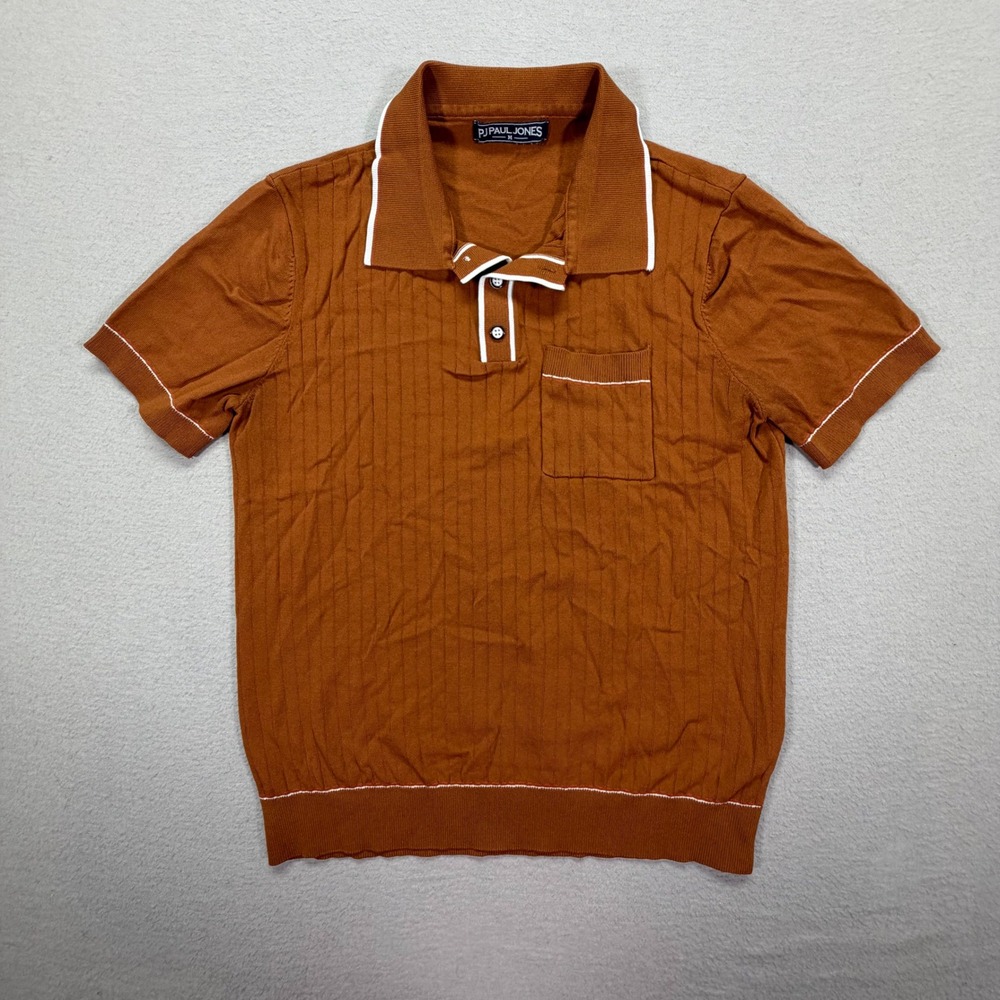 PJ Paul Jones Mens Polo Shirt Slim Fit Rust Brown Knit Ribbed Tipped Size M